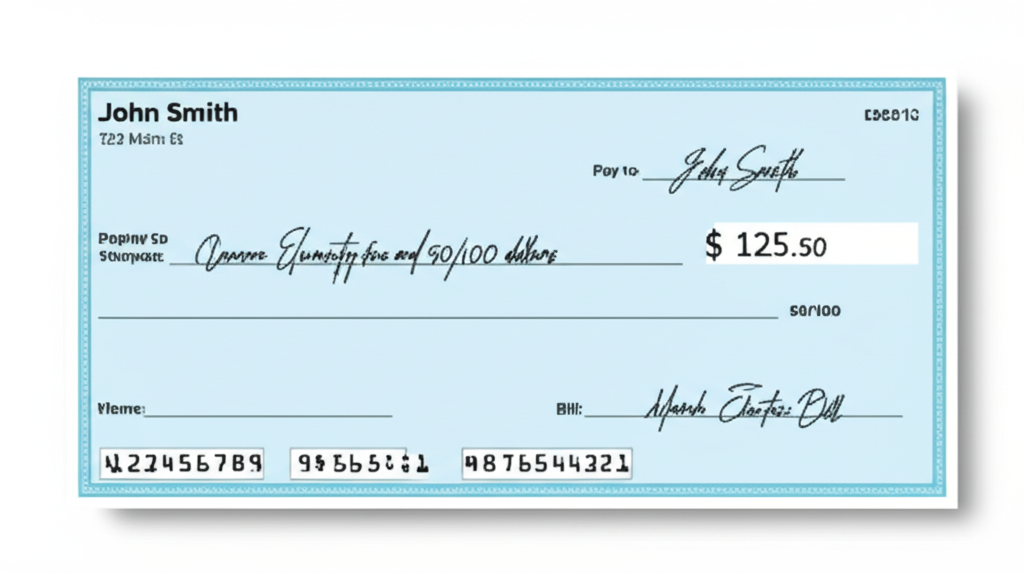 Sample filled check with fictitious information showing routing number 123456789 and account number 987654321 clearly labeled